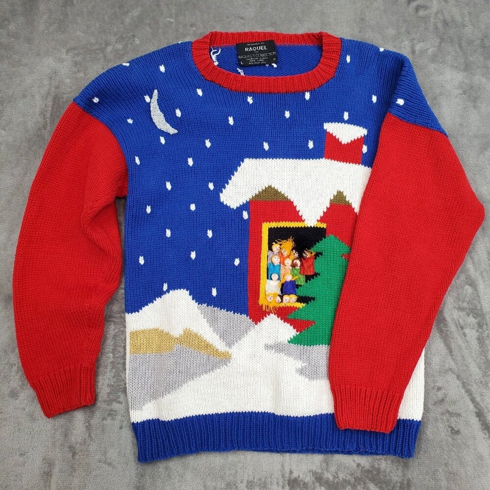 Raquel Hand Knit Sweater Peru 3D Cotton Large Wearable Art OOAK Christmas Ugly